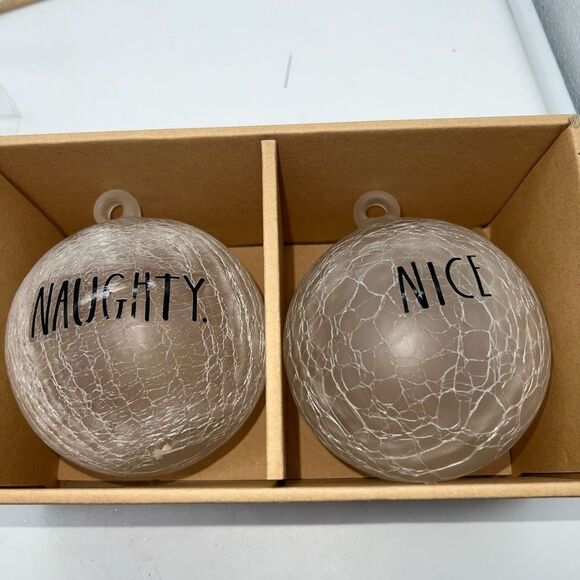 Rae Dunn “Naughty” and “Nice” Large Frosted Glass Ball Ornament Set - Picture 1 of 3